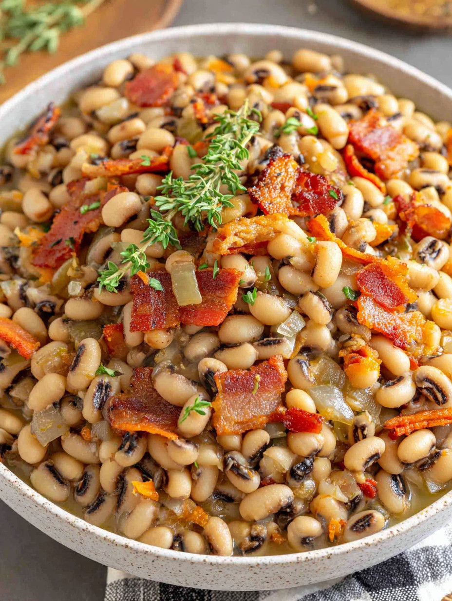 A bowl of beans with bacon and herbs.
