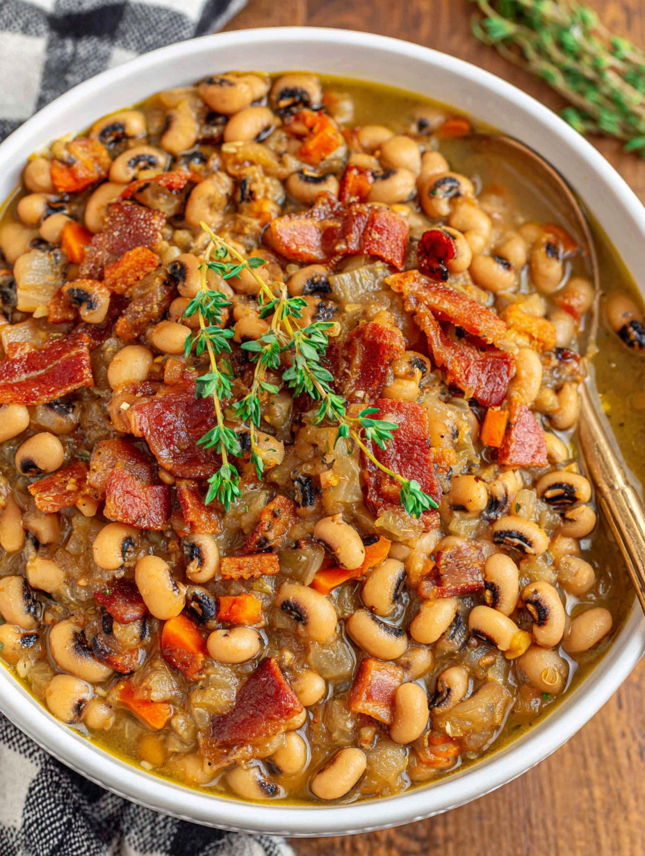 A bowl of beans with bacon and herbs.