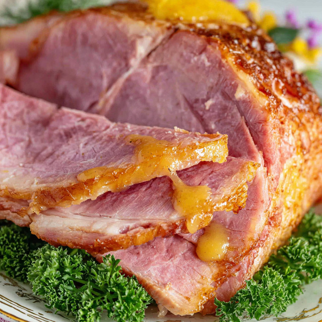 A piece of ham with a slice of orange on top.
