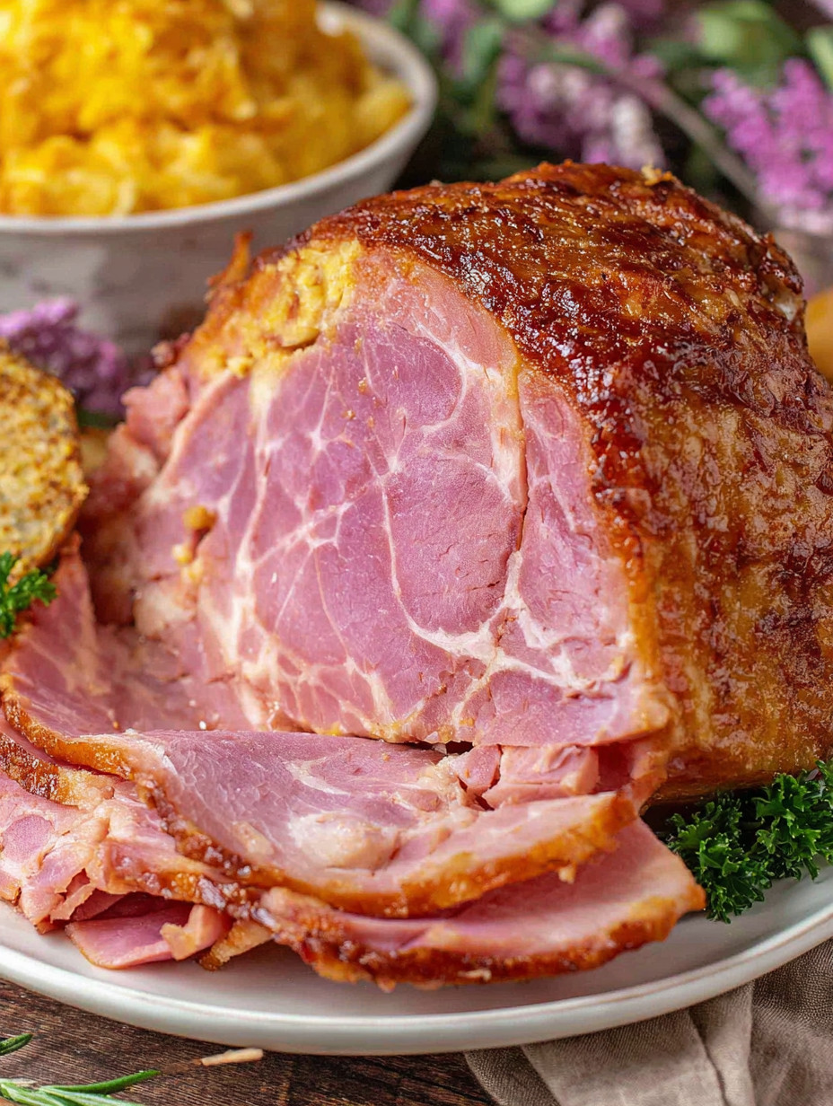 A large piece of ham on a plate.