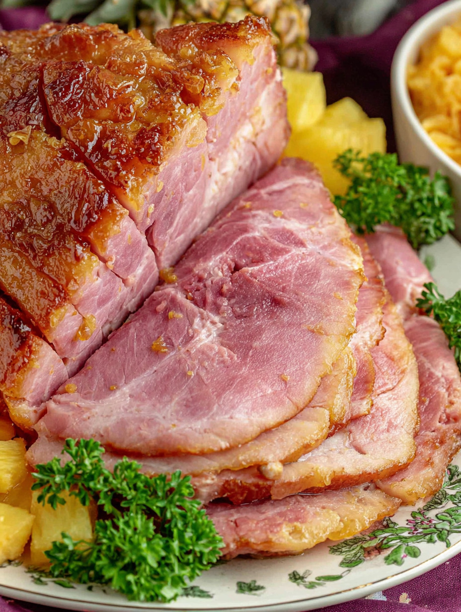 A pile of ham with a pineapple on top.