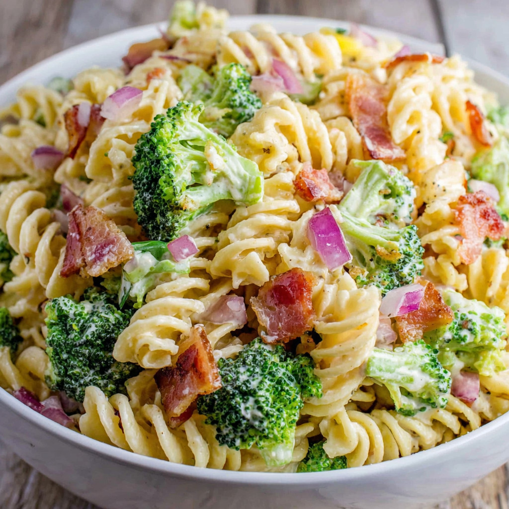 A bowl of pasta with broccoli and bacon.
