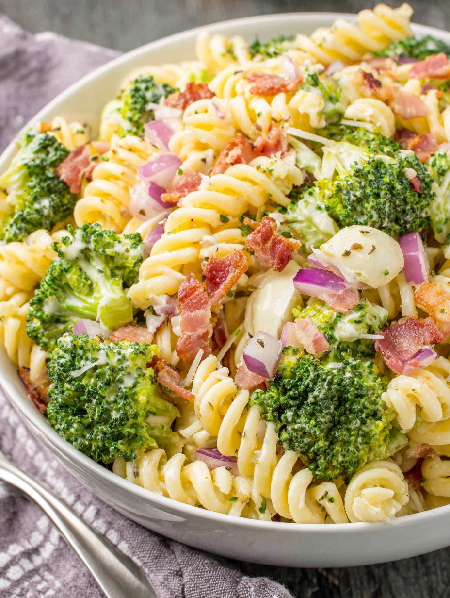 A bowl of pasta with broccoli and bacon.