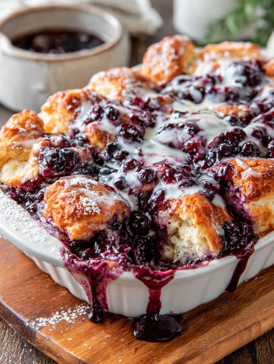 A blueberry crumble with white icing.