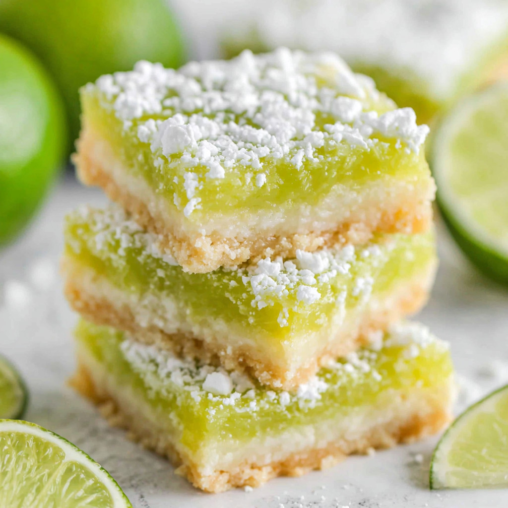 A stack of green cake with white powder on top.