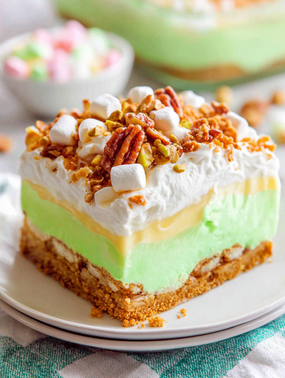 A slice of cake with marshmallows and nuts.