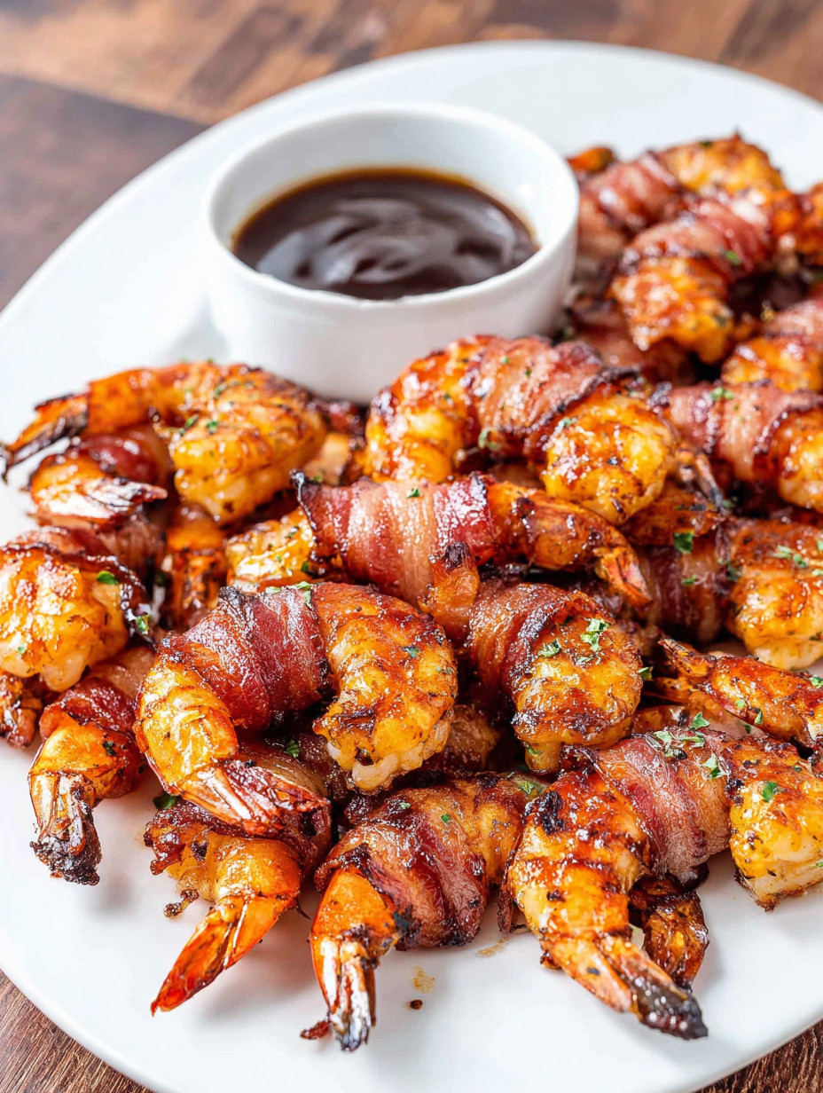 Shrimp on a plate with a dipping sauce.
