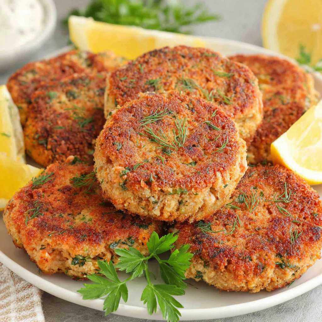 A plate of crab cakes with lemon wedges.