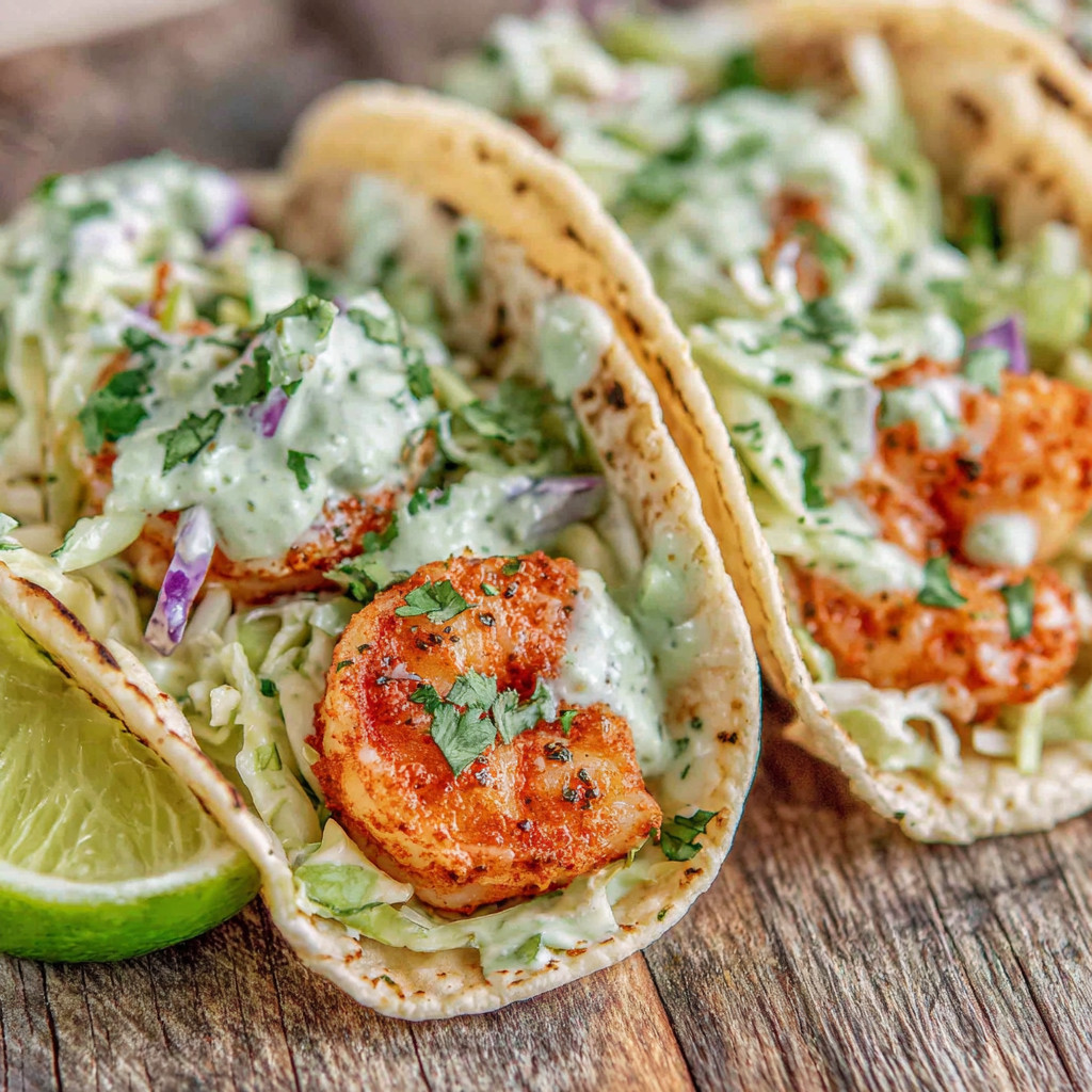 Two tacos with shrimp and coleslaw.