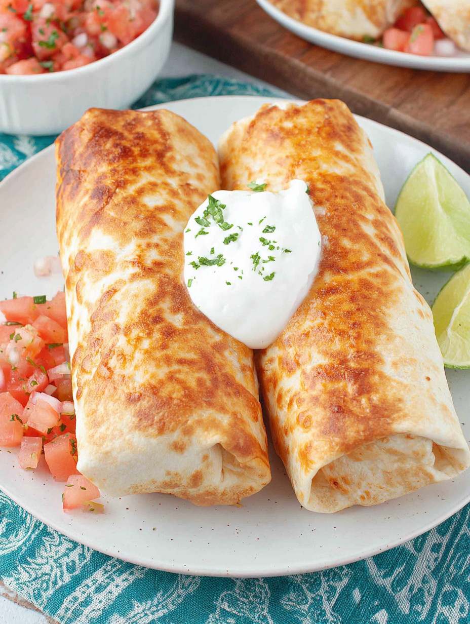Two burritos with white cheese and sour cream on top.