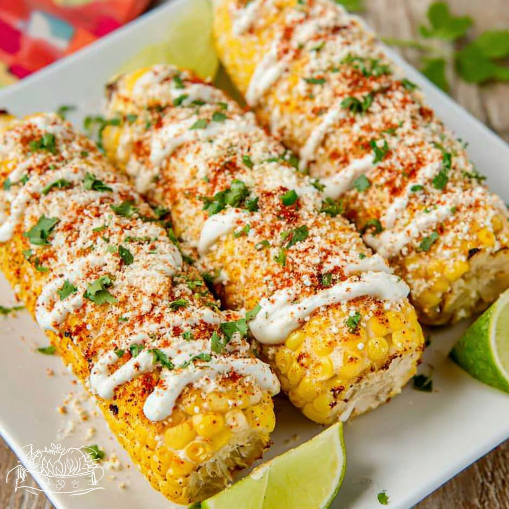 A plate of corn with white sauce.