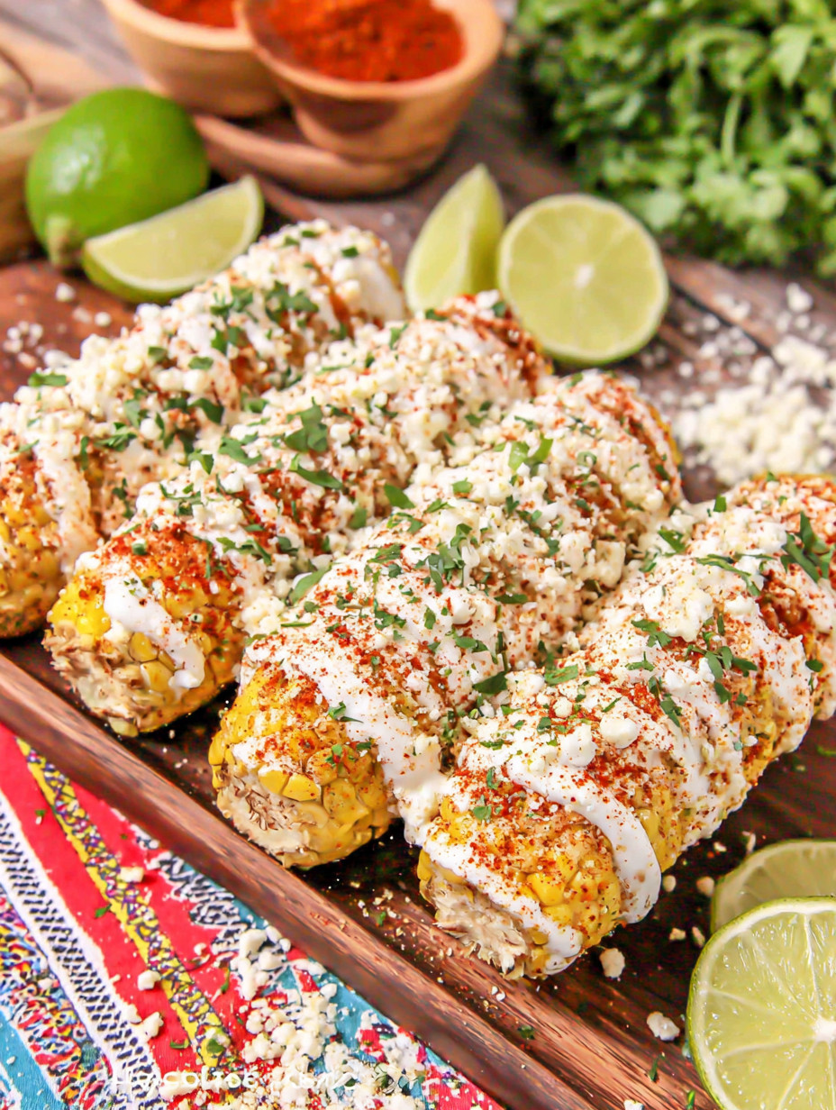 A plate of food with a corn on the cob and limes.