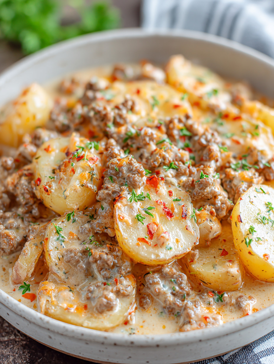 A bowl of meat and potatoes.
