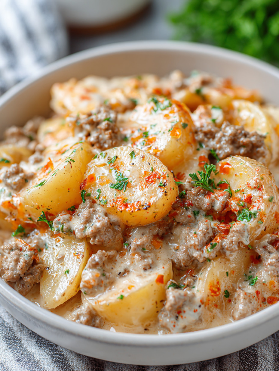 A bowl of food with meat and potatoes.
