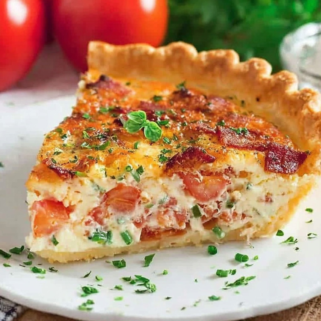 A slice of bacon and tomato pie on a white plate.