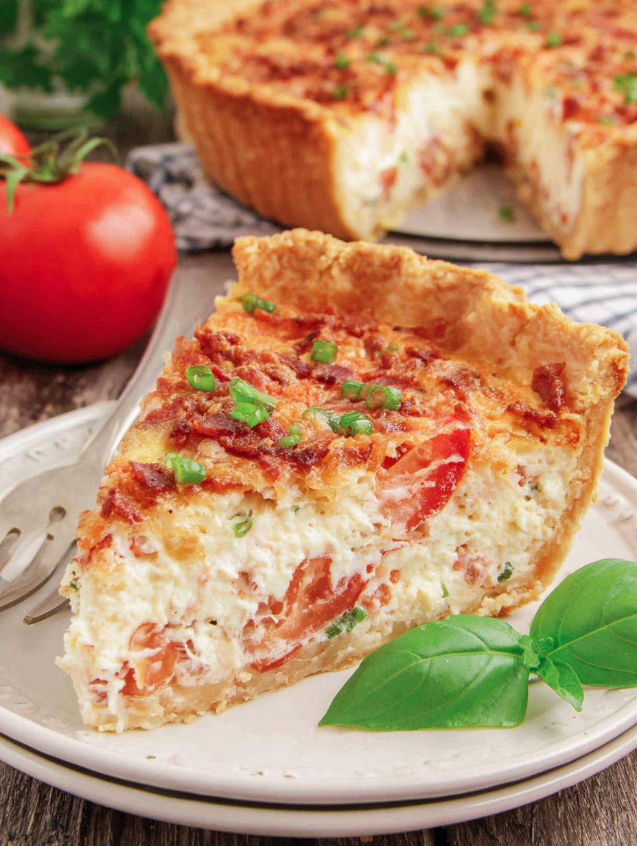 A slice of pie with tomatoes and cheese.