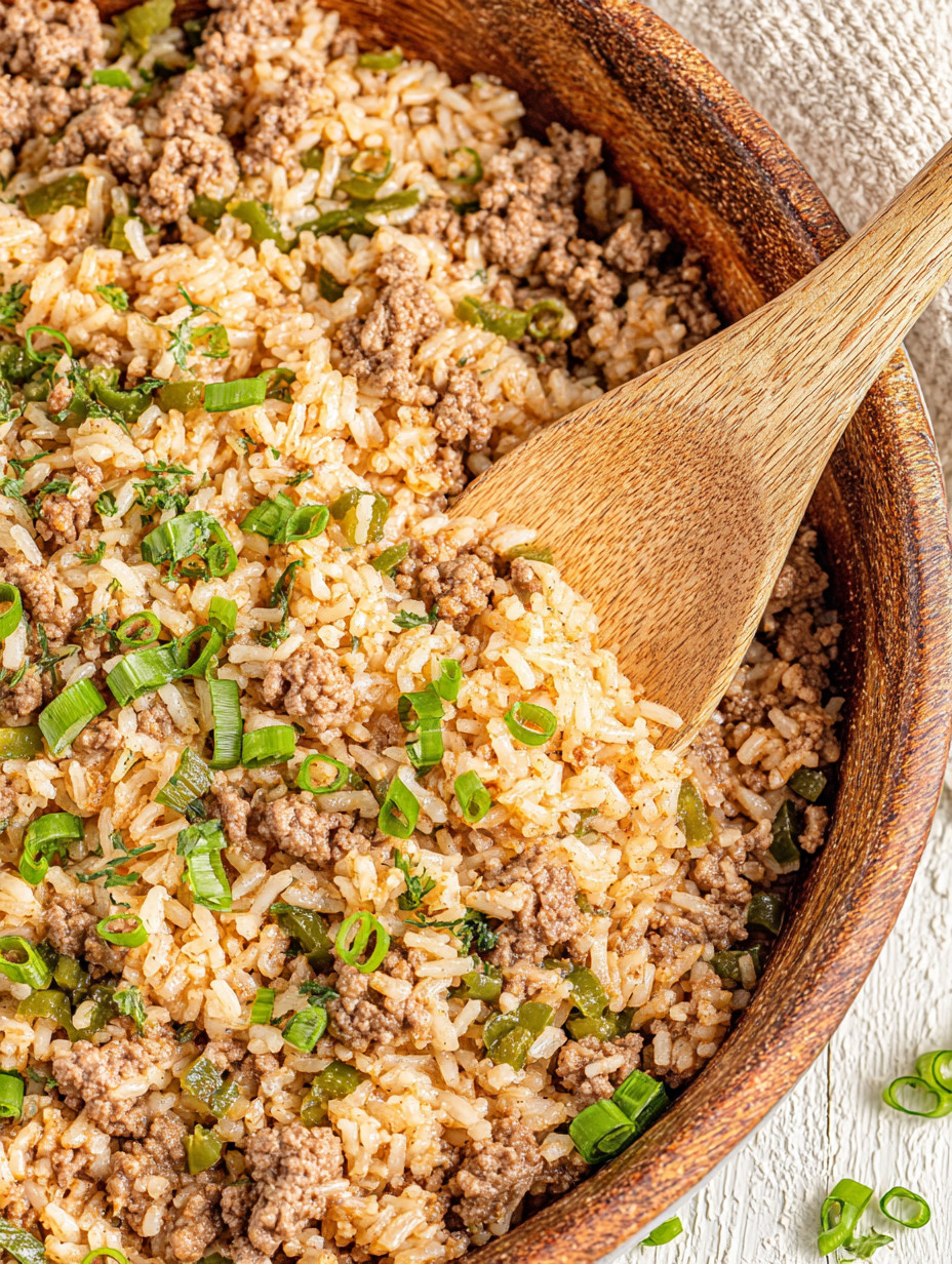 A wooden spoon in a bowl of rice and meat.