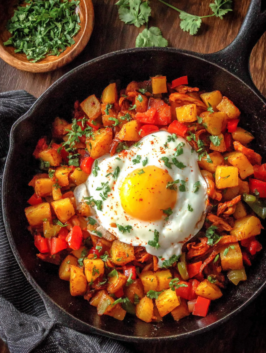 A fried egg in a skillet with potatoes and peppers.