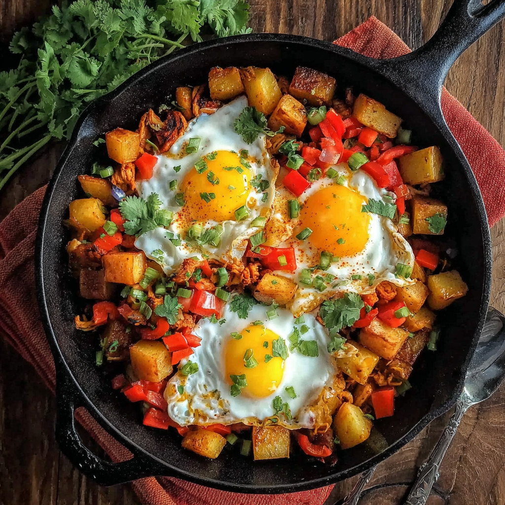 A skillet with eggs and potatoes.