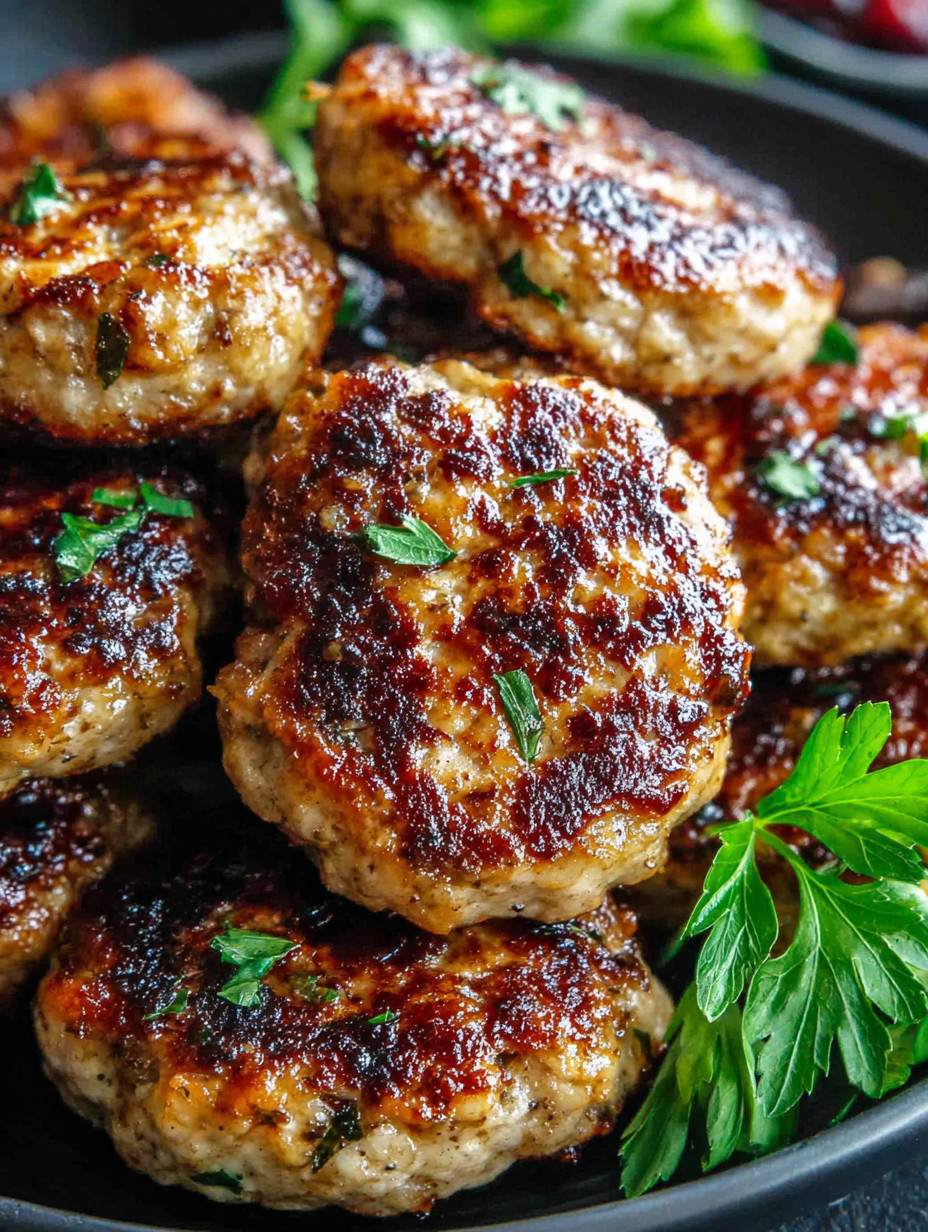 A plate of meatballs with green herbs.