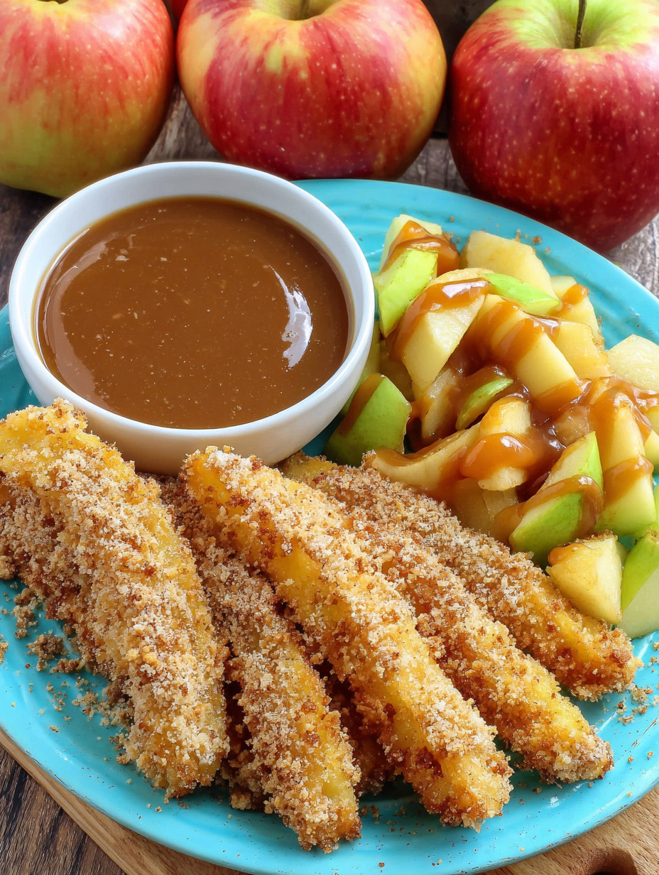 A plate of food with a sauce and apples.