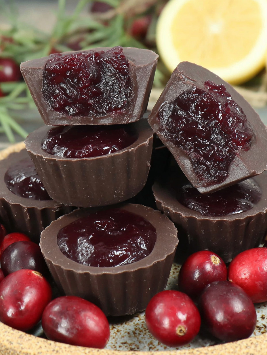 Chocolate candies with red jams in them.