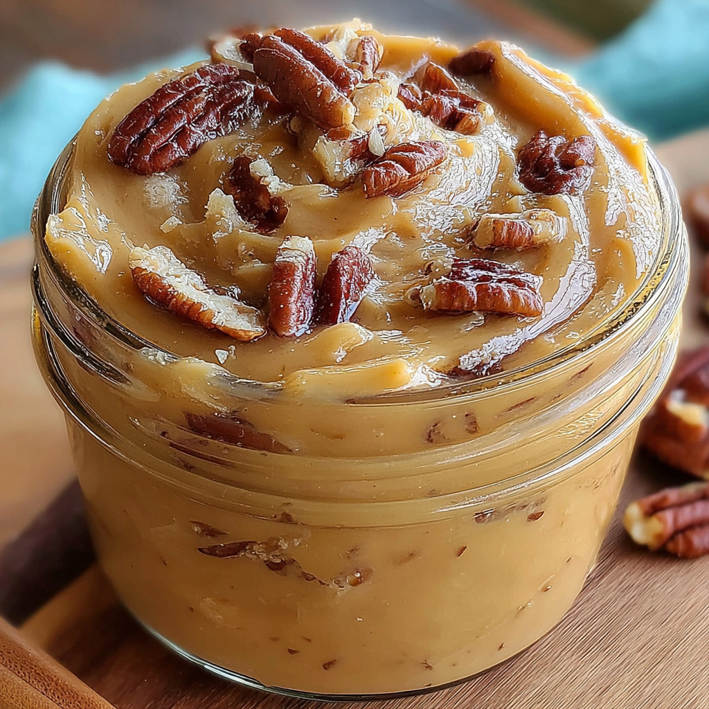 A jar of peanut butter with nuts on top.