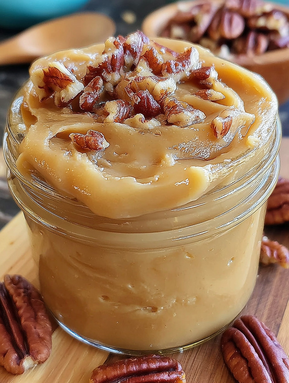A jar of peanut butter with nuts on top.
