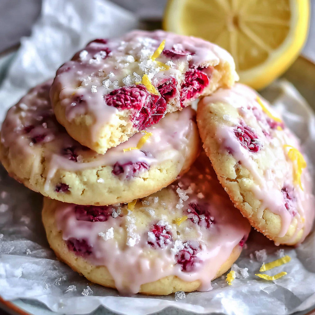 A stack of cookies with pink frosting and lemon wedges.