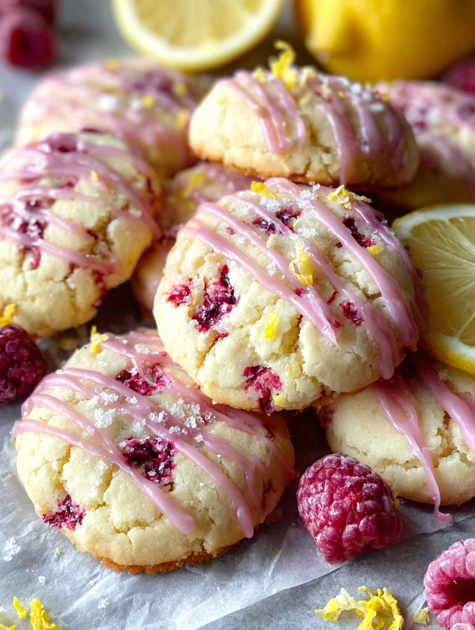 A plate of cookies with pink icing and raspberries.