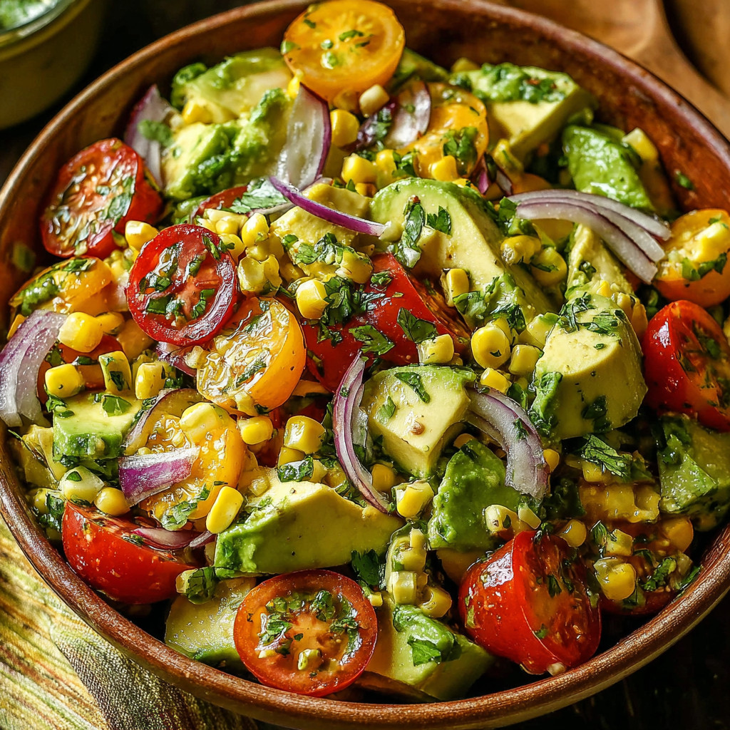 A bowl of sliced tomatoes, corn, and avocado.