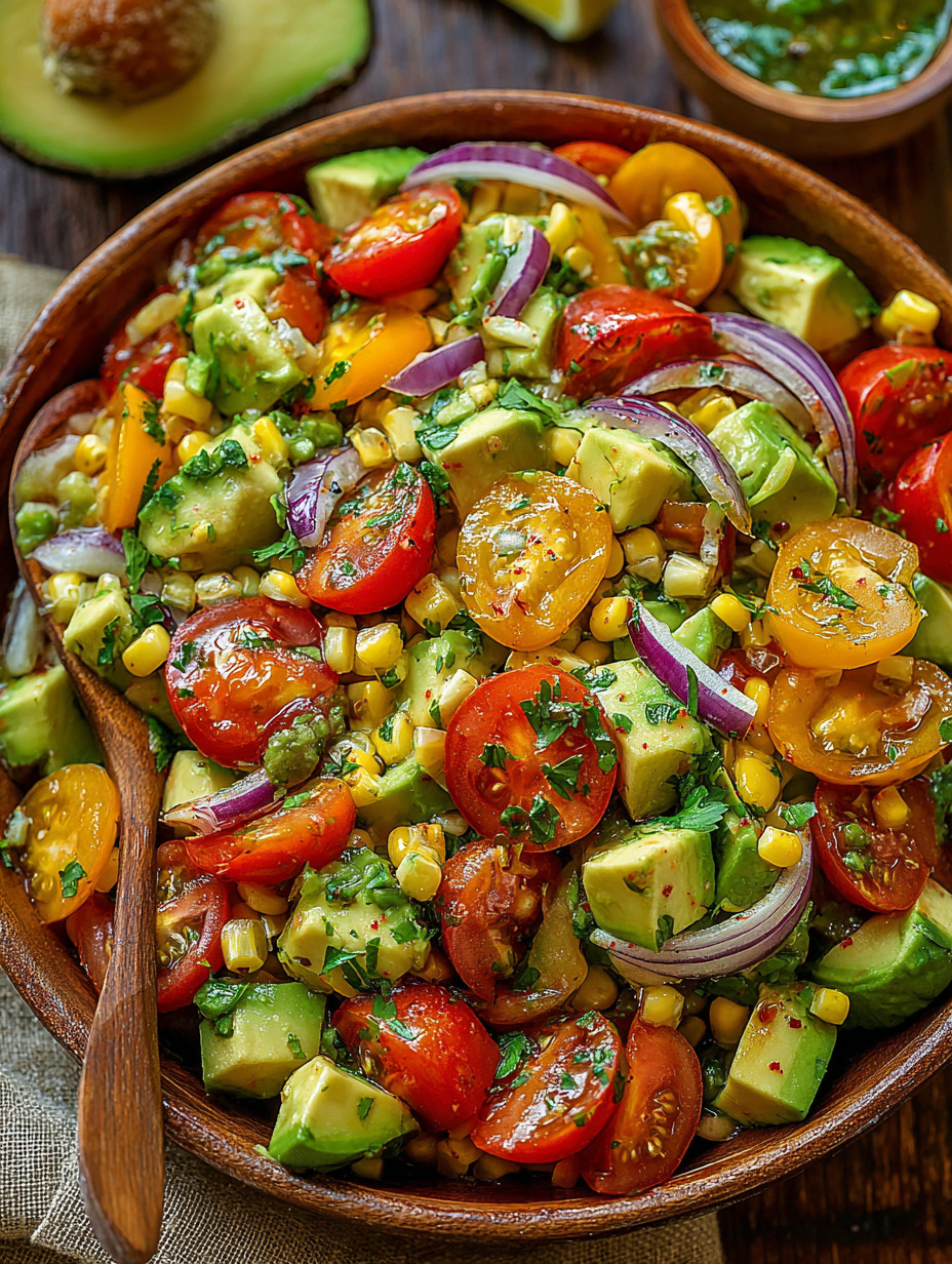 A bowl of sliced tomatoes, corn, and avocado.