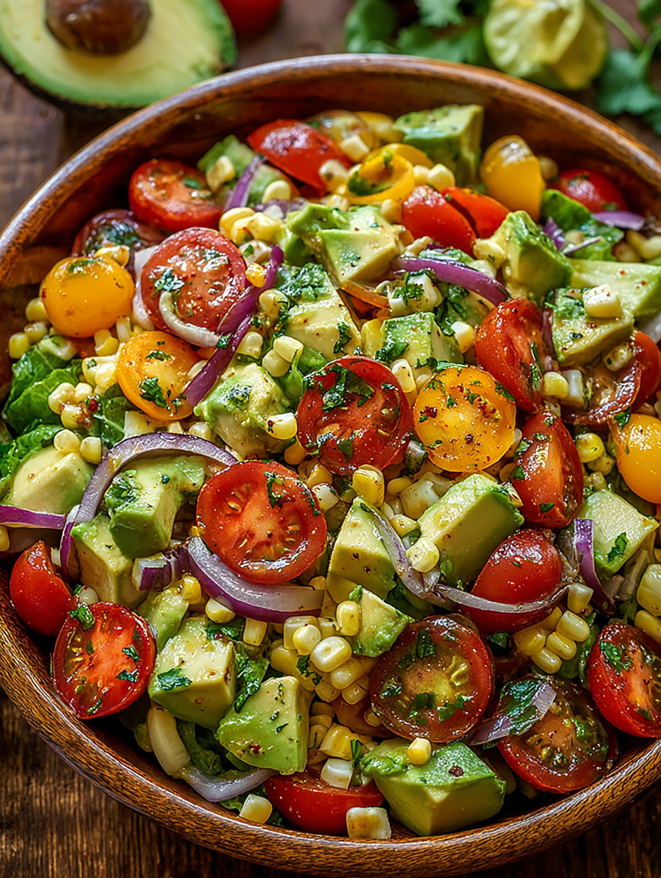 A bowl of salad with tomatoes, onions, corn, and avocado.