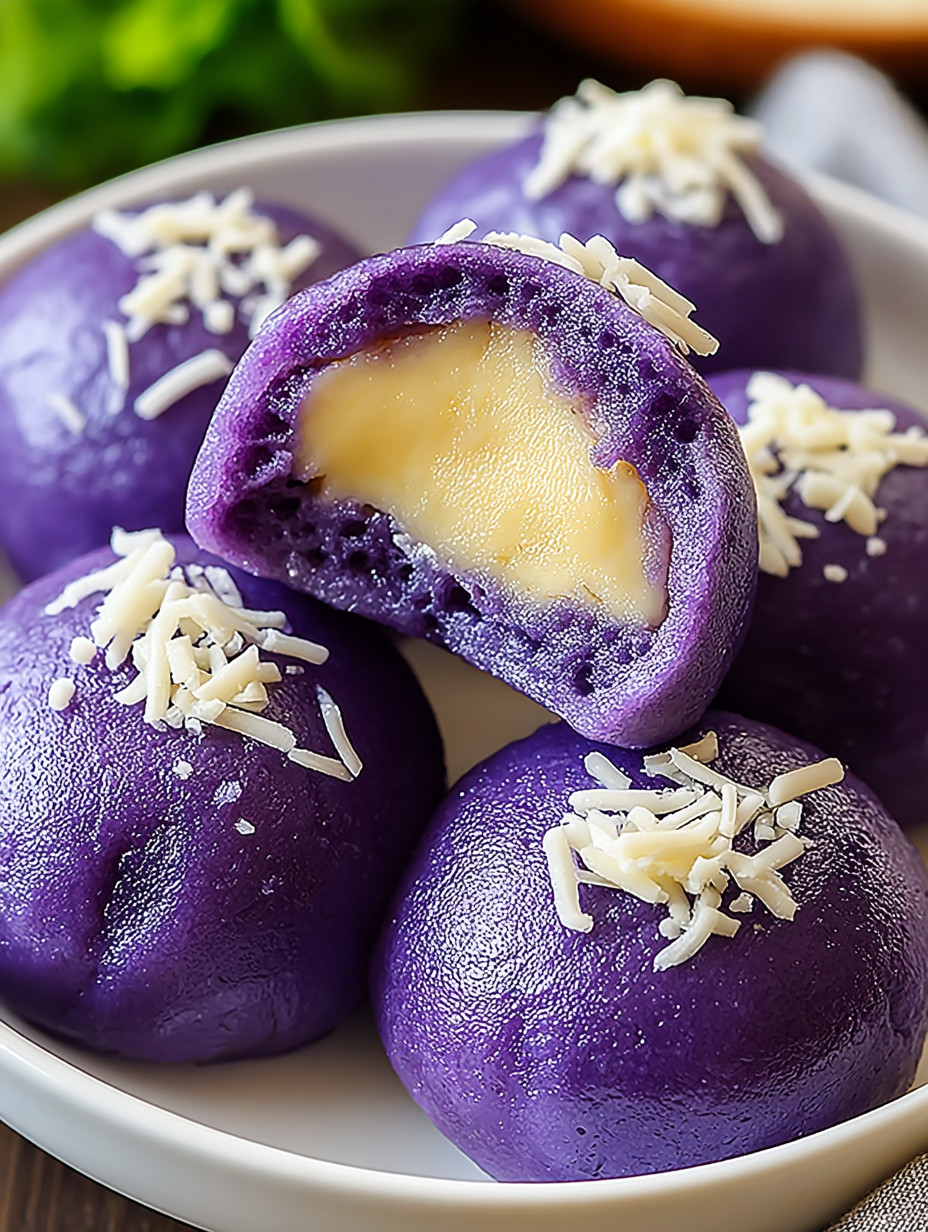 A bowl of purple food with white cheese on top.