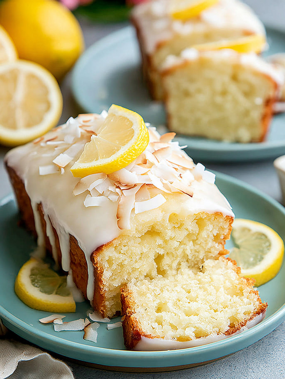 A slice of lemon cake with lemon wedges on top.