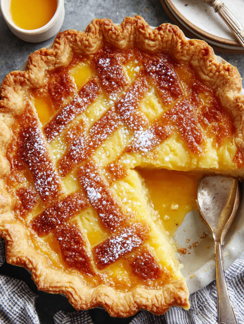 A slice of pie with powdered sugar on top.