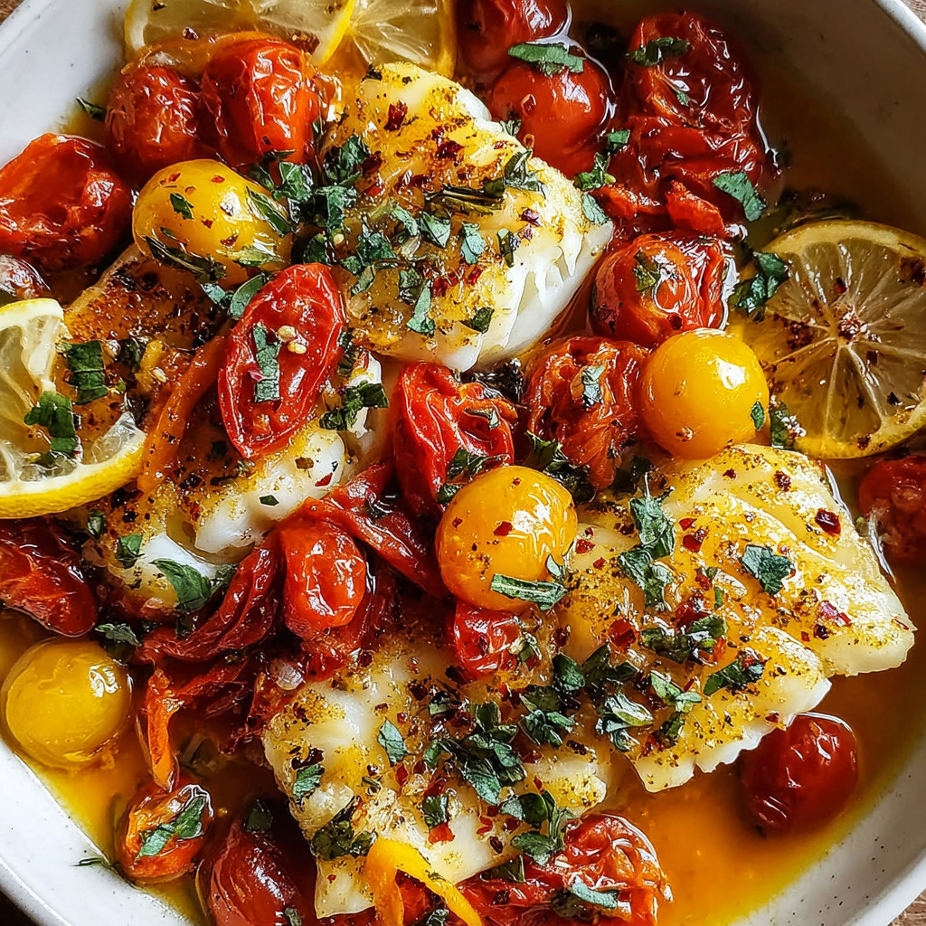 A plate of food with tomatoes, lemon, and fish.