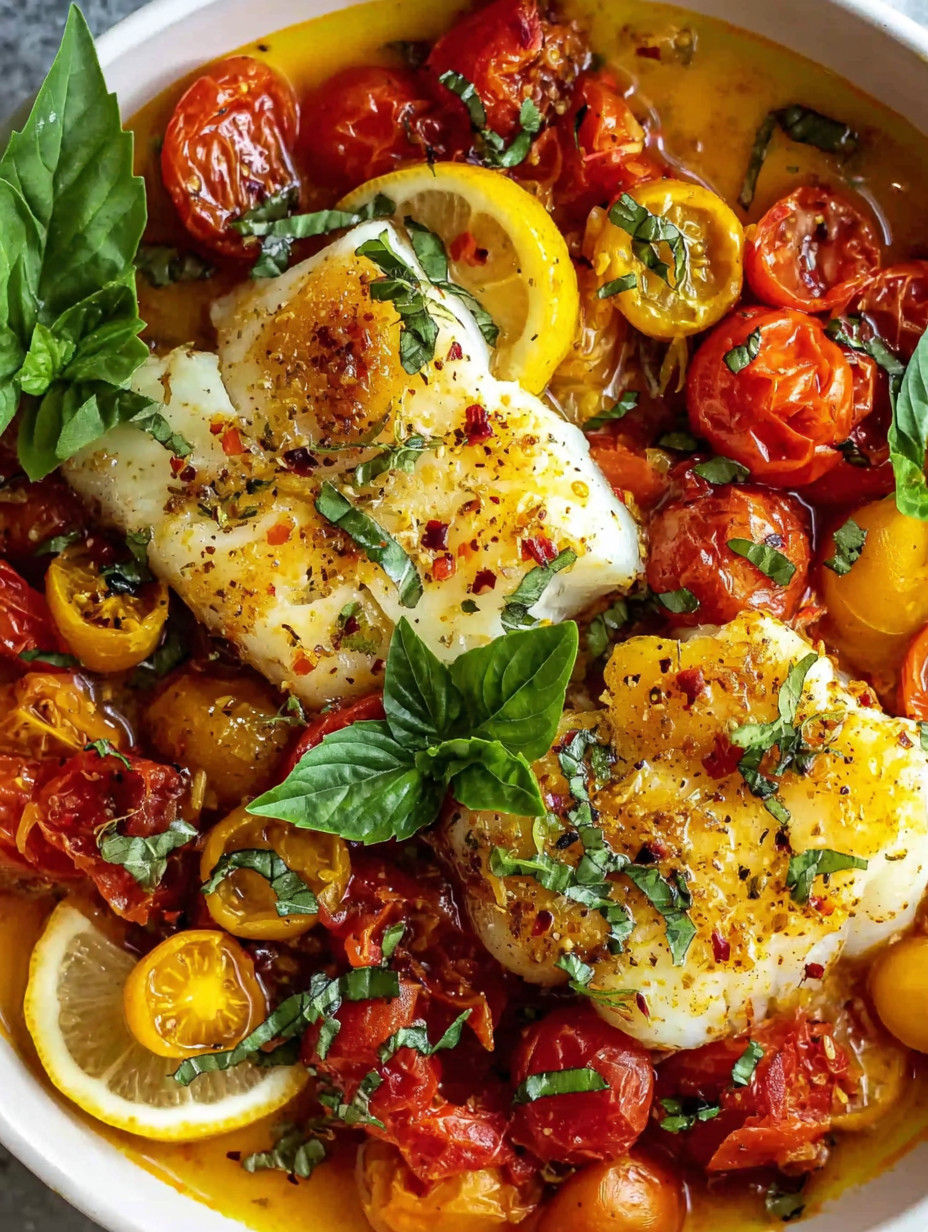 A plate of food with tomatoes, lemon, and chicken.
