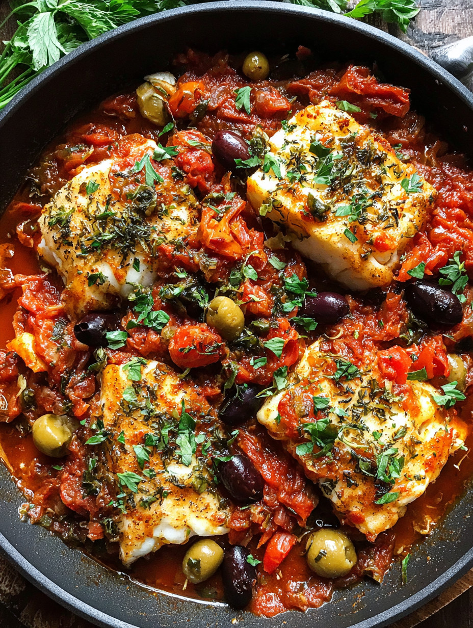 A dish of fish with olives and tomatoes.