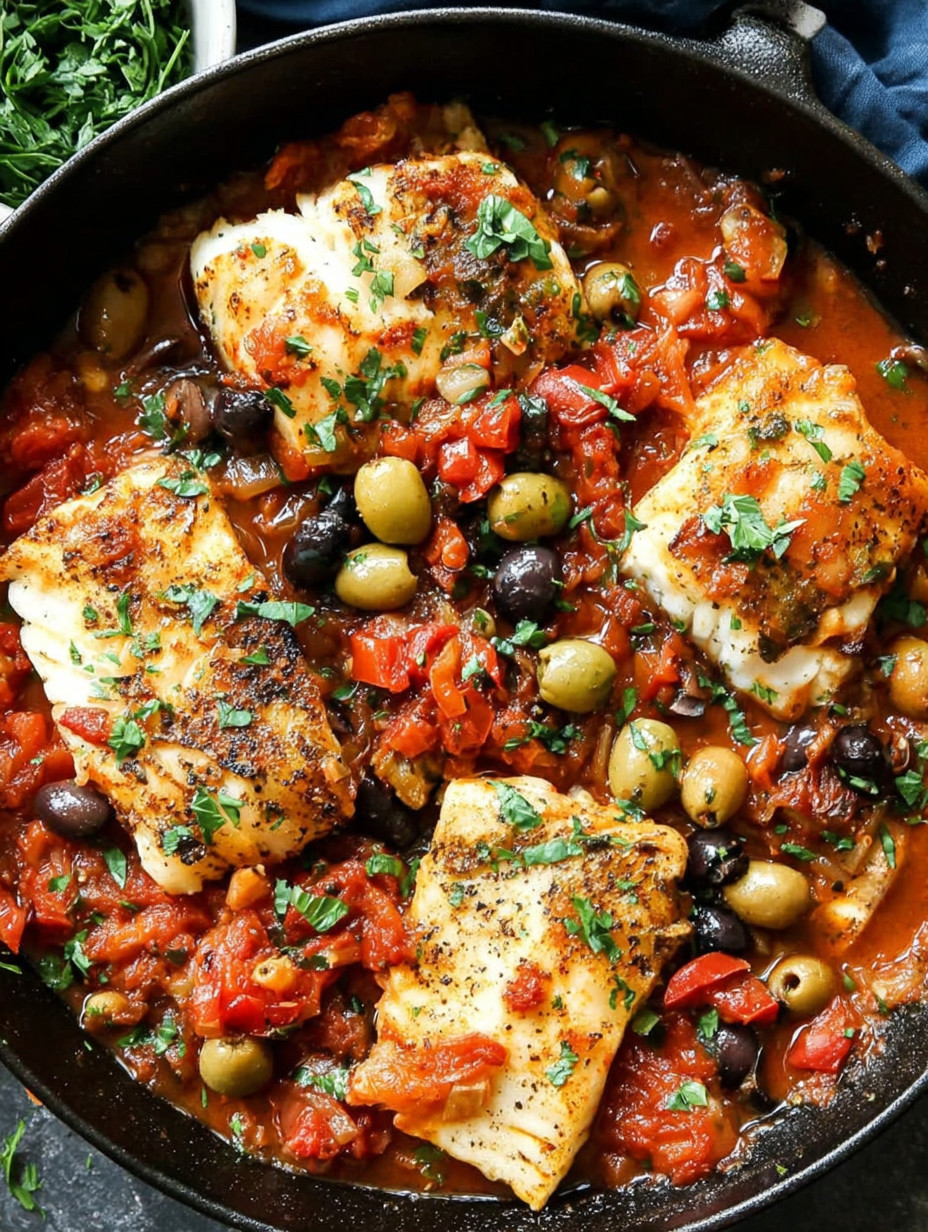 A dish of fish with olives and tomatoes.