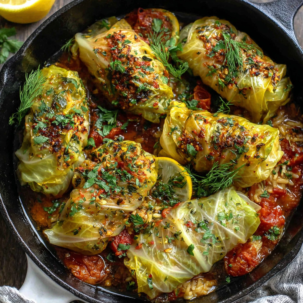A pan of food with a lemon on top.
