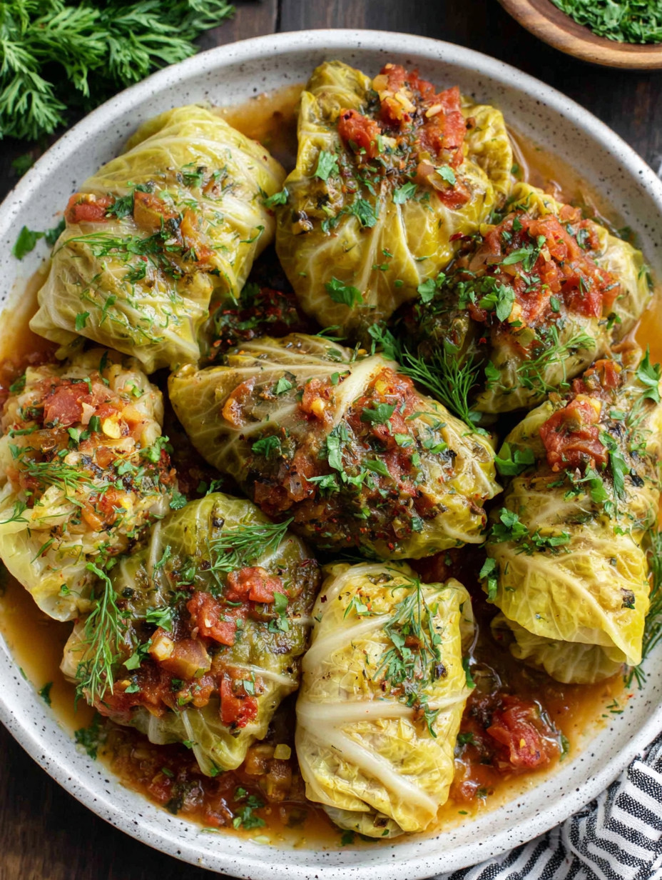 A bowl of stuffed cabbage leaves.