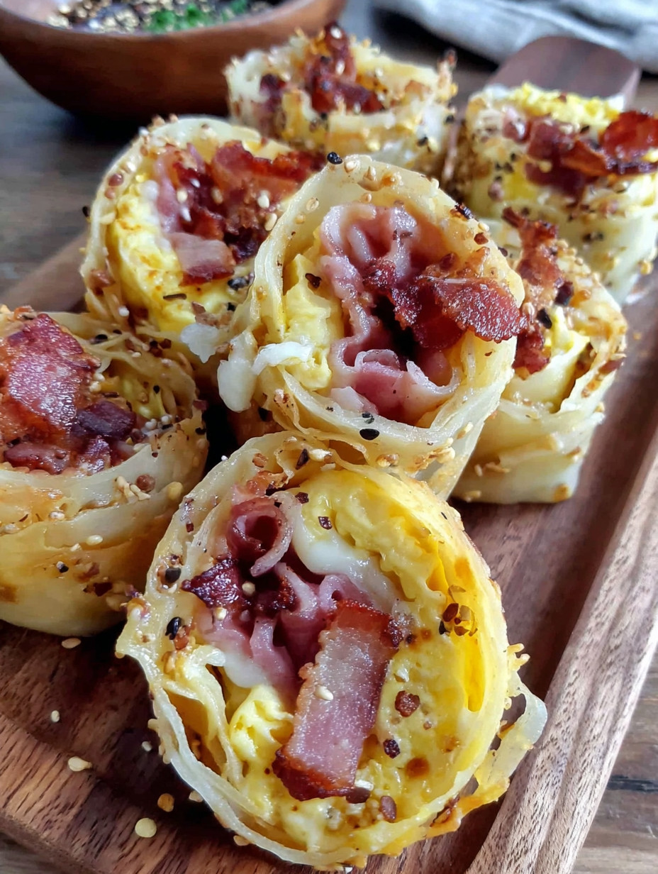 Bacon and egg rolls on a wooden board.