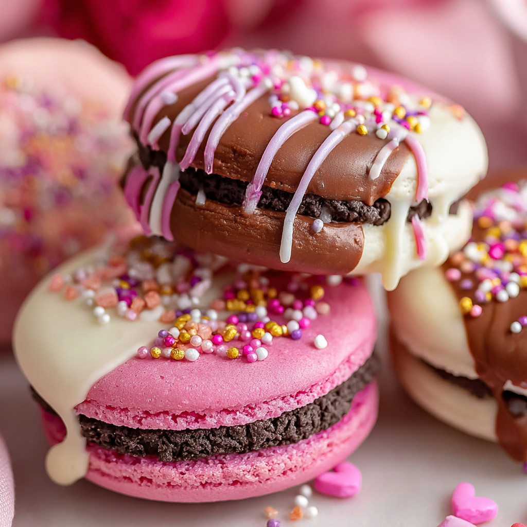 A close up of a chocolate and white cookie.