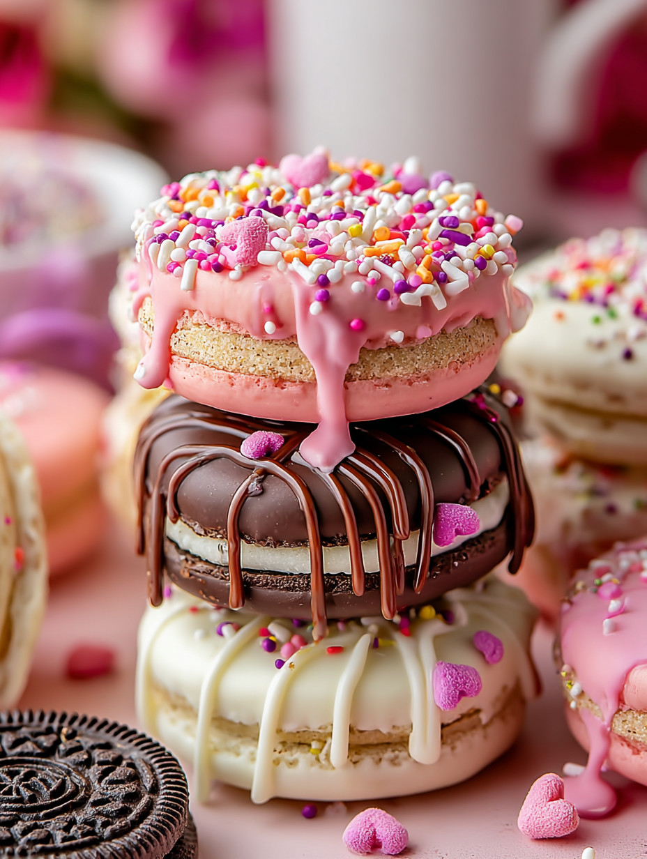 A stack of donuts with pink frosting and sprinkles.