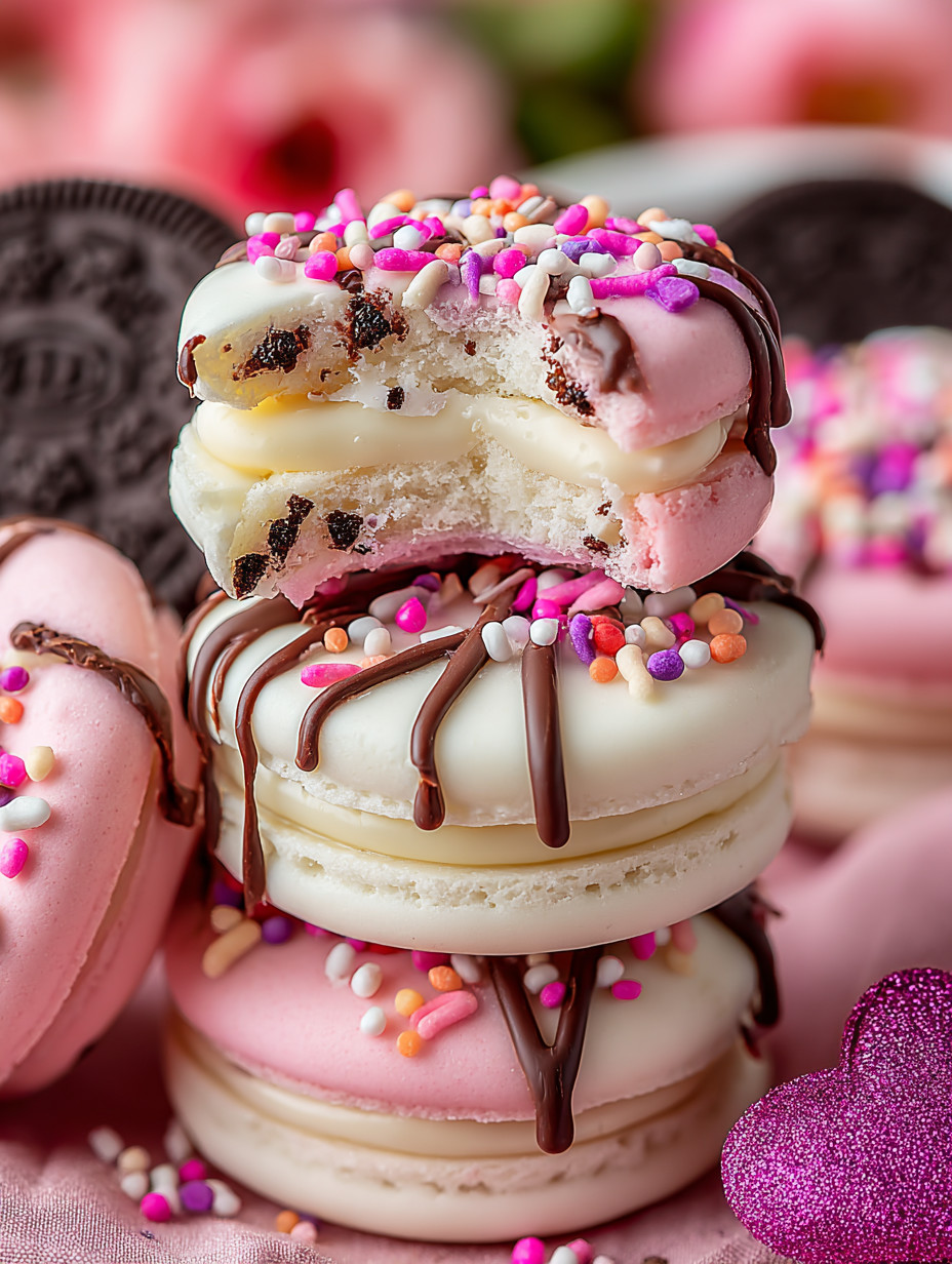 A stack of cookies with chocolate and white frosting.