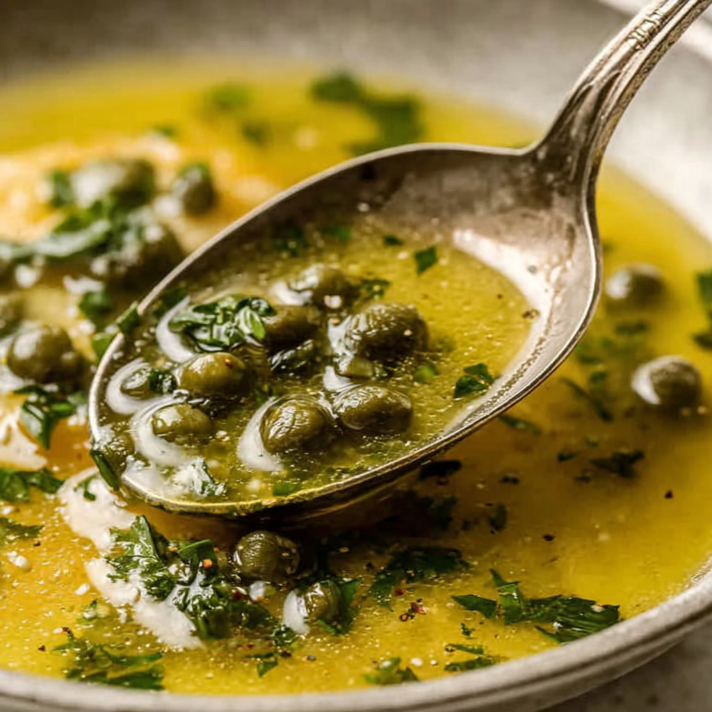 A spoon is in a bowl of soup.