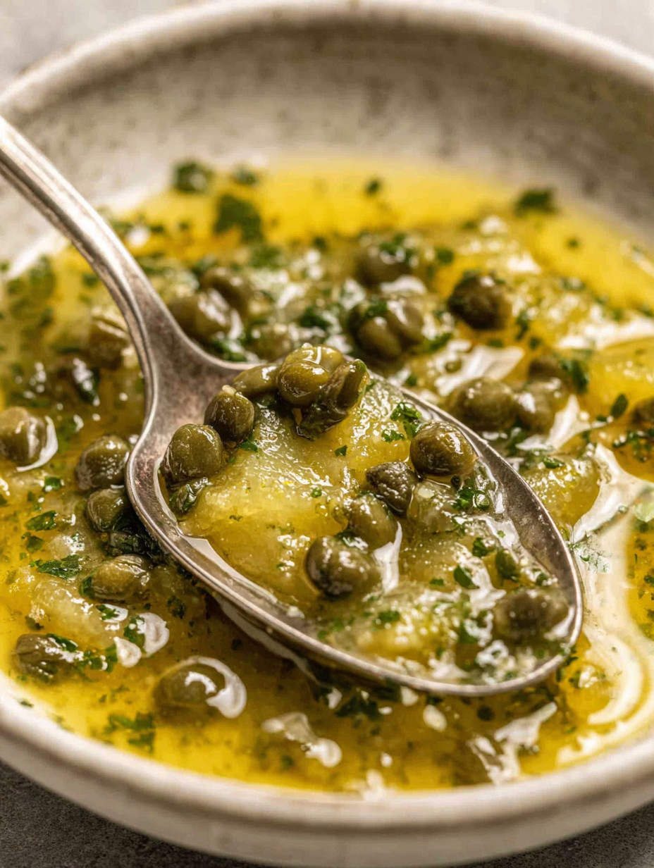 A spoon in a bowl of soup.
