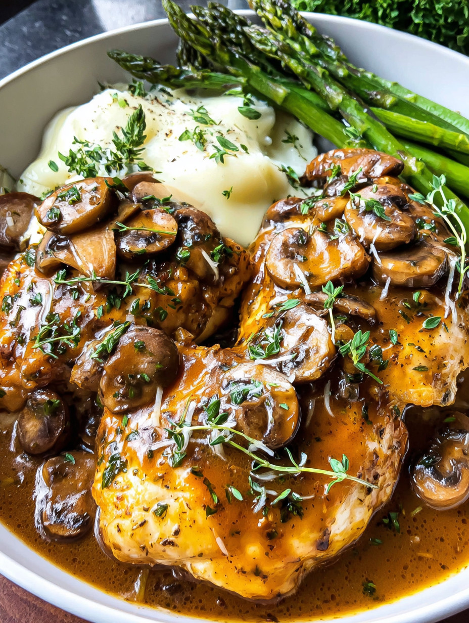Chicken with mushrooms and herbs.