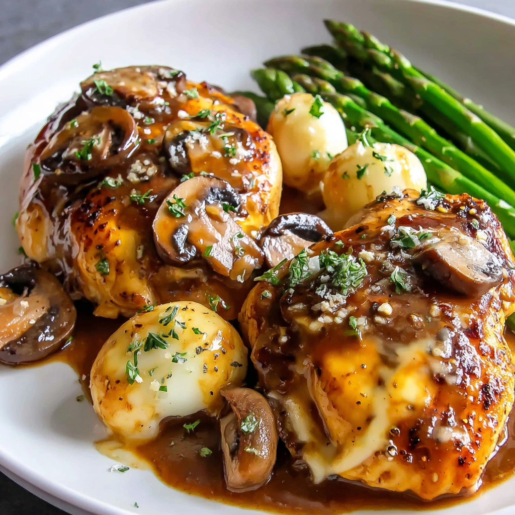 A plate of food with chicken, mushrooms, and asparagus.